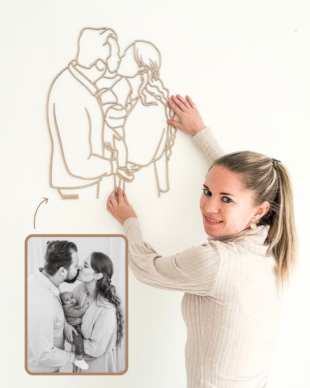 Linienporträt aus Holz eines Paares mit seinem Baby, nach einem Schwarz-Weiß-Foto aus einem Fotoshooting