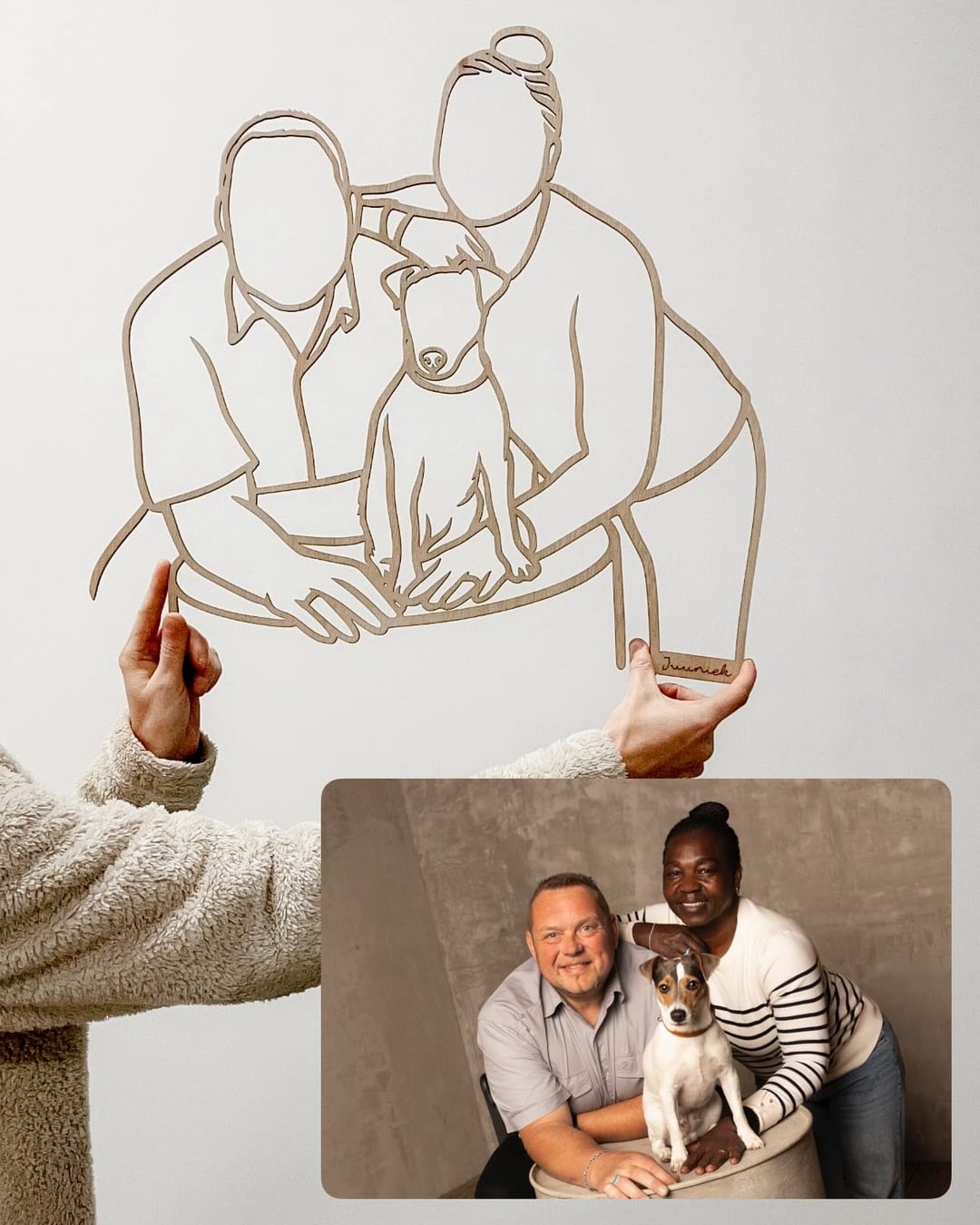 Linienporträt aus Holz eines Paares mit seinem Jack Russell, entstanden aus einem Foto vom Fotoshooting