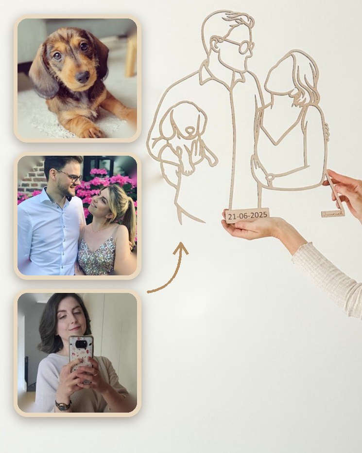 Linienporträt aus Holz von einem Paar mit ihrem Hund, aus drei Fotos zusammengesetzt