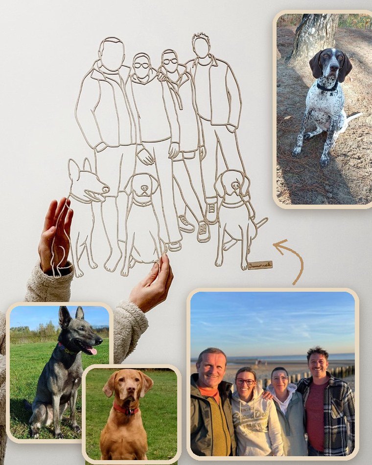 Linienporträt aus Holz von vier Freunden mit ihren Hunden, aus vier Fotos zusammengefügt