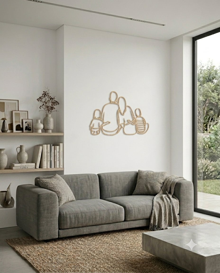 Linienporträt aus Holz einer Familie über einem grauen Sofa in einem hellen Wohnzimmer