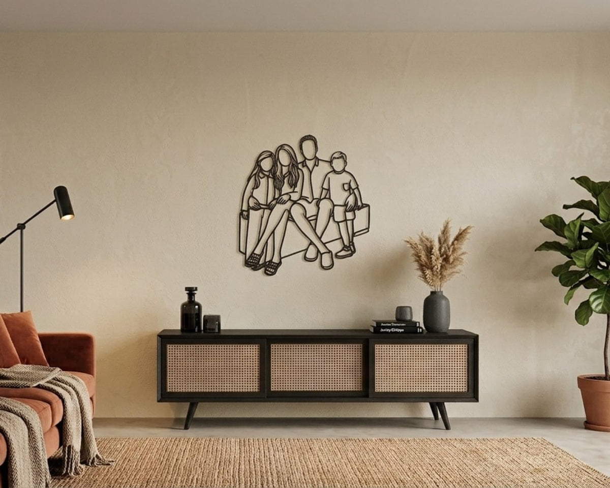 Du lässt es strahlen: das schwarze Linienporträt aus Holz über einem Sideboard