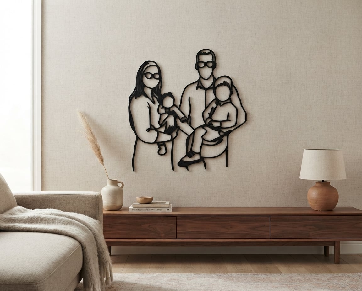 Schwarzes Linienporträt aus Holz einer Familie mit zwei kleinen Kindern über einem Sideboard