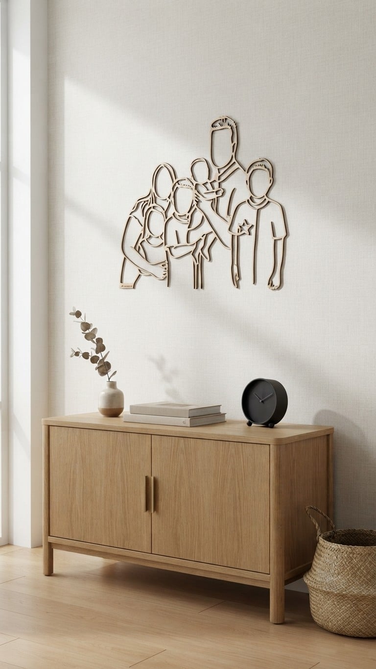 Linienporträt aus Holz einer Familie mit ihrem Sternenkind, über einem Holzschrank