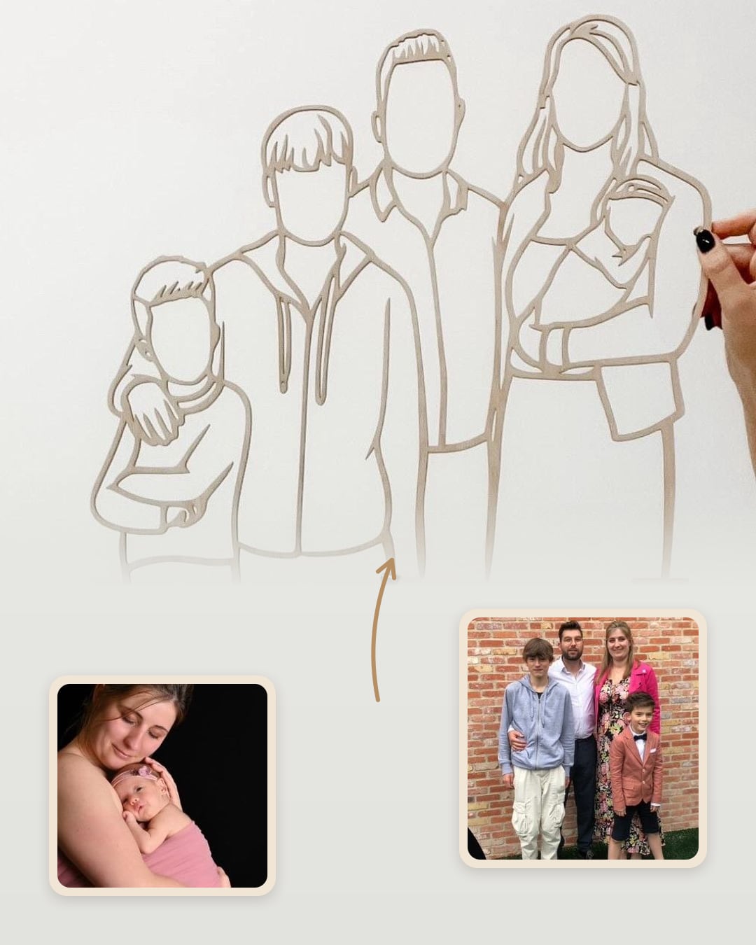Familienporträt aus Holz mit Neugeborenem, aus drei Fotos zusammengesetzt