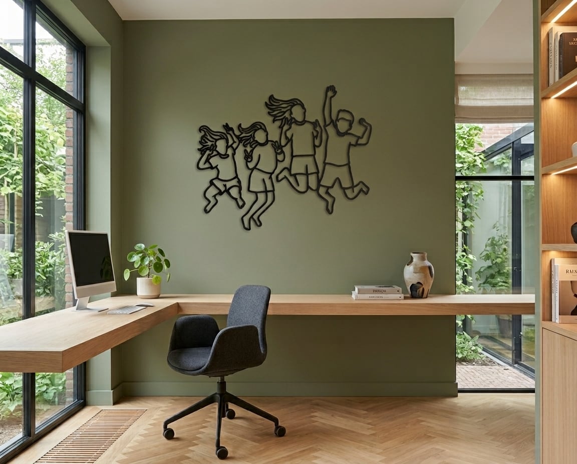 Schwarzes Linienporträt aus Holz von vier springenden Kindern über einem Schreibtisch im Homeoffice