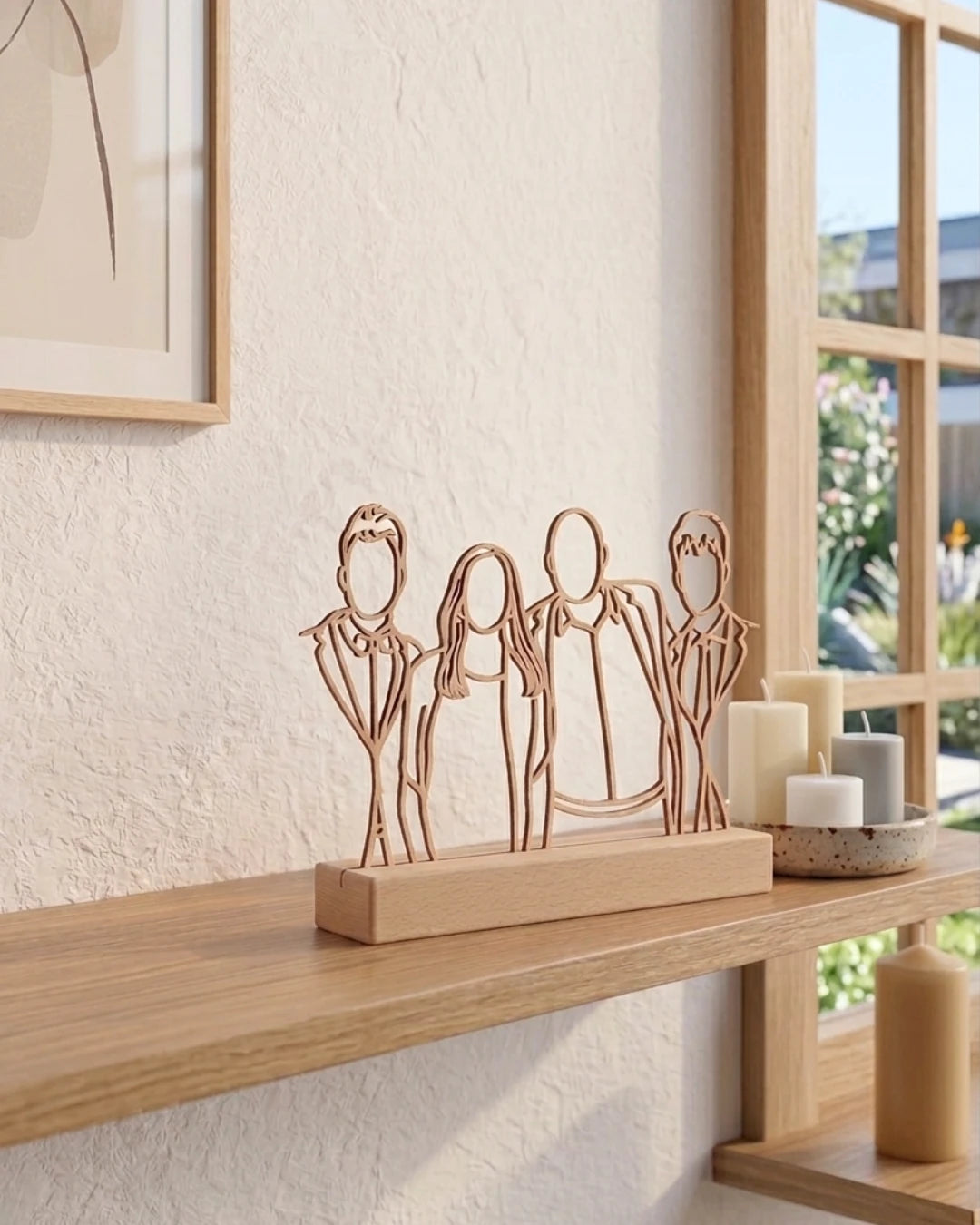 Linienporträt aus Holz auf Ständer von einer Familie, mit jemandem, der nicht mehr da ist