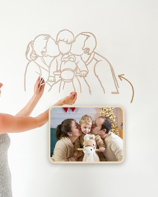 Linienporträt aus Holz einer Familie, nach einem spontanen Foto gefertigt