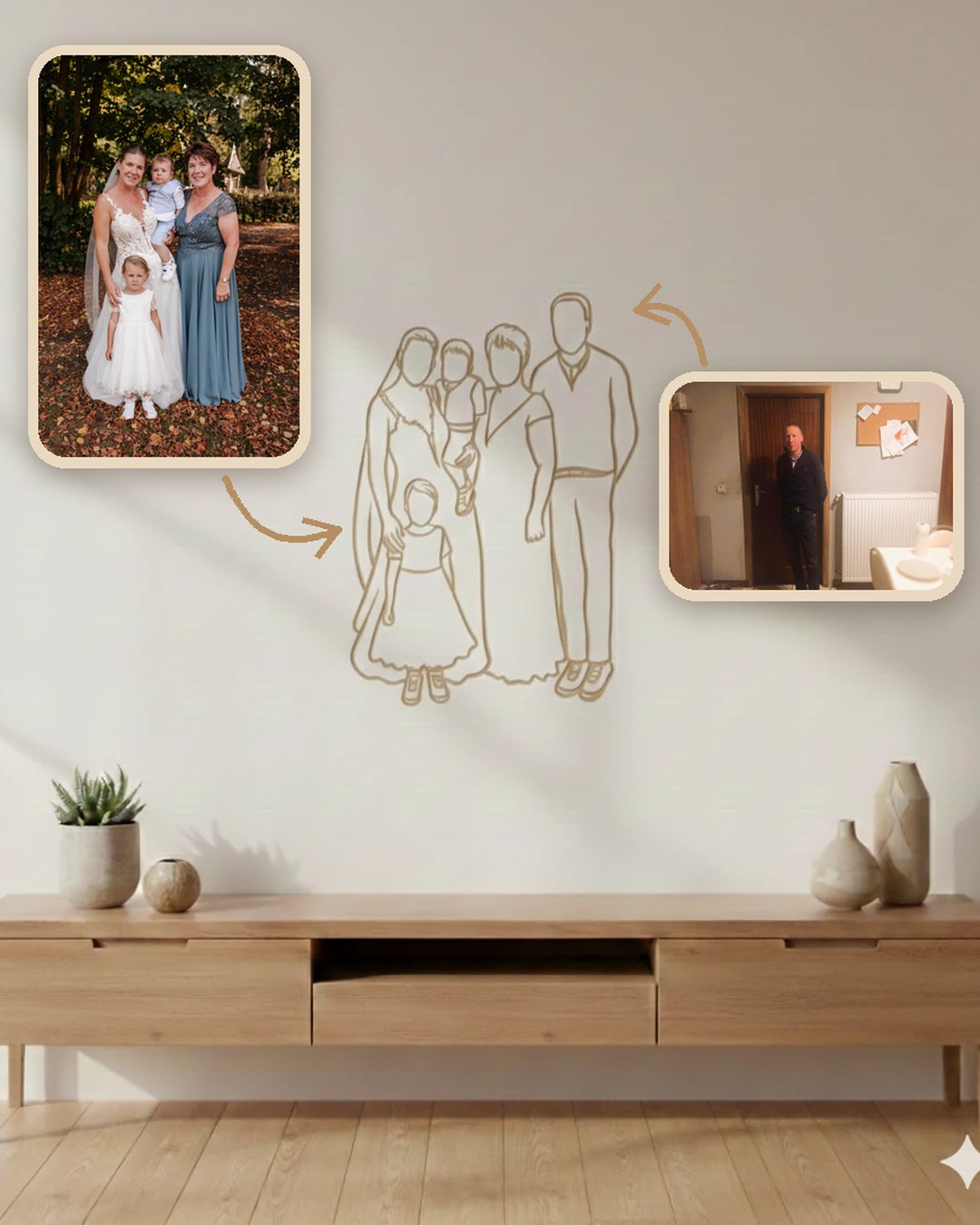 Linienporträt aus Holz eines Hochzeitsfotos, mit einem Sohn, der aus einem zweiten Foto dazugezeichnet wurde