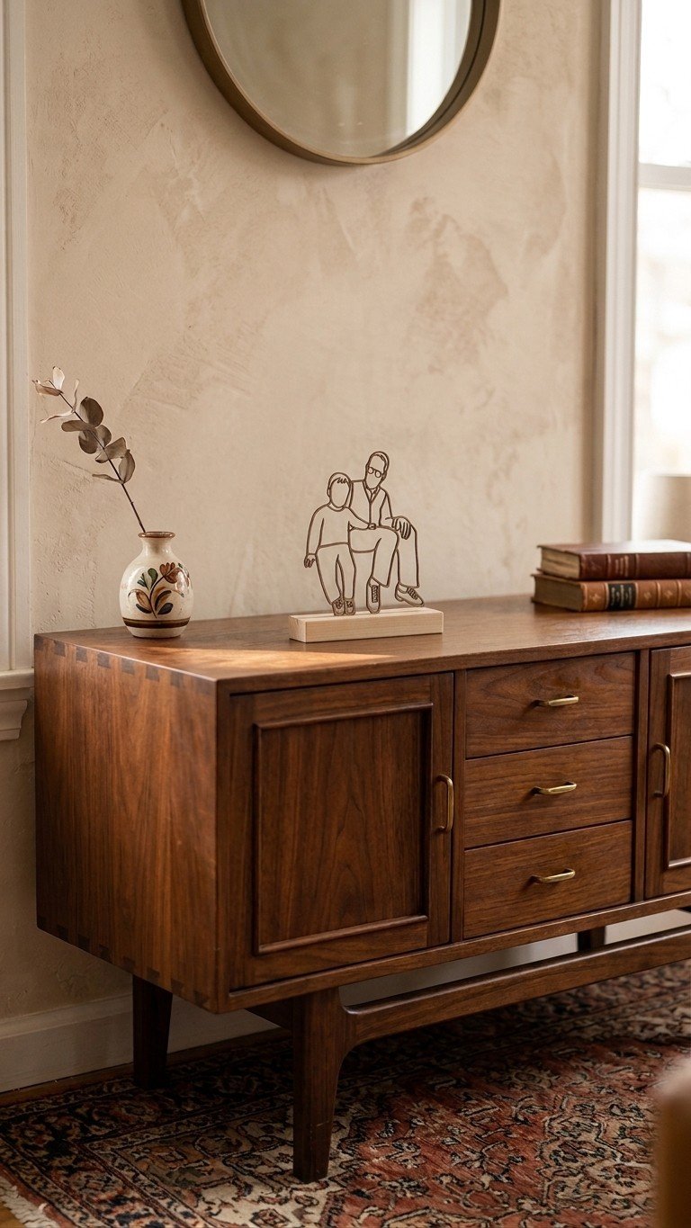Linienporträt aus Holz auf Holzständer von einem Opa mit seinem Enkelkind, auf einem Sideboard aus Holz