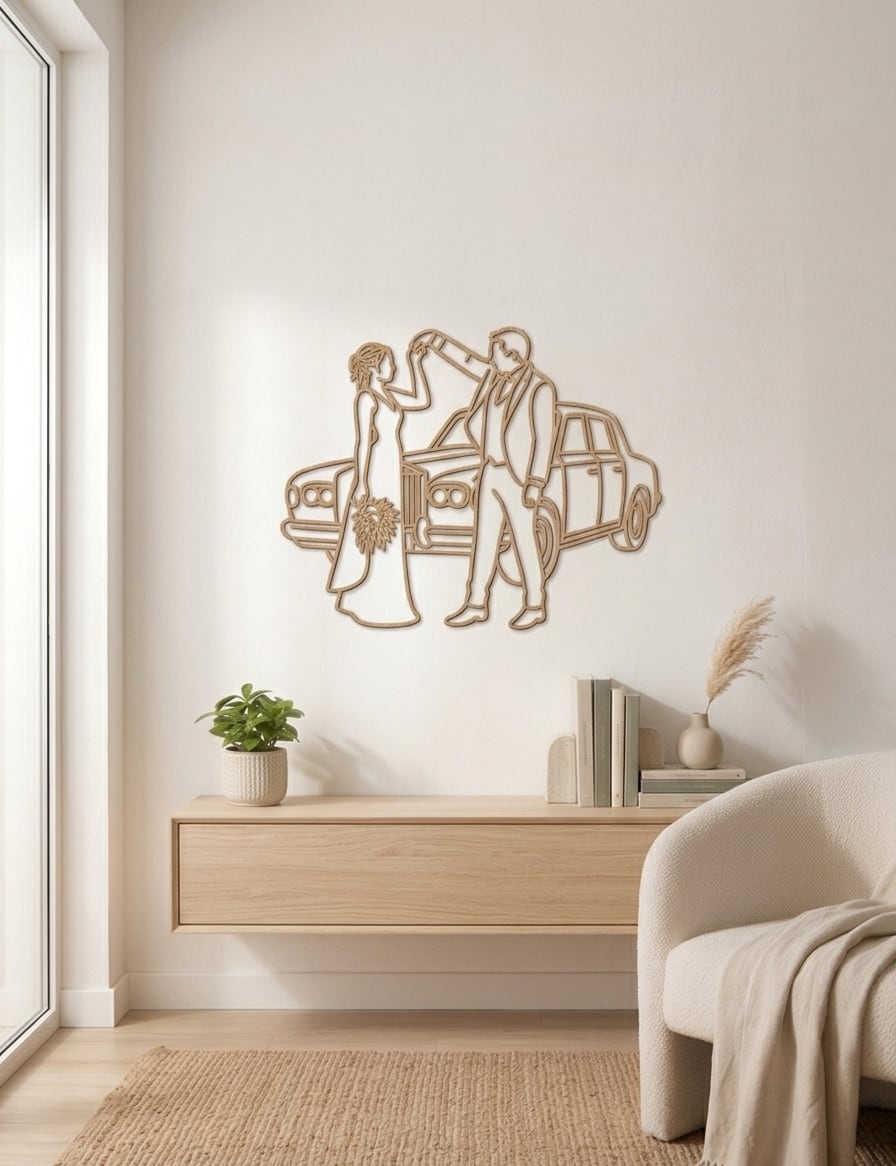 Houten lijnportret van een bruidspaar met hun oldtimer, boven een zwevend dressoir