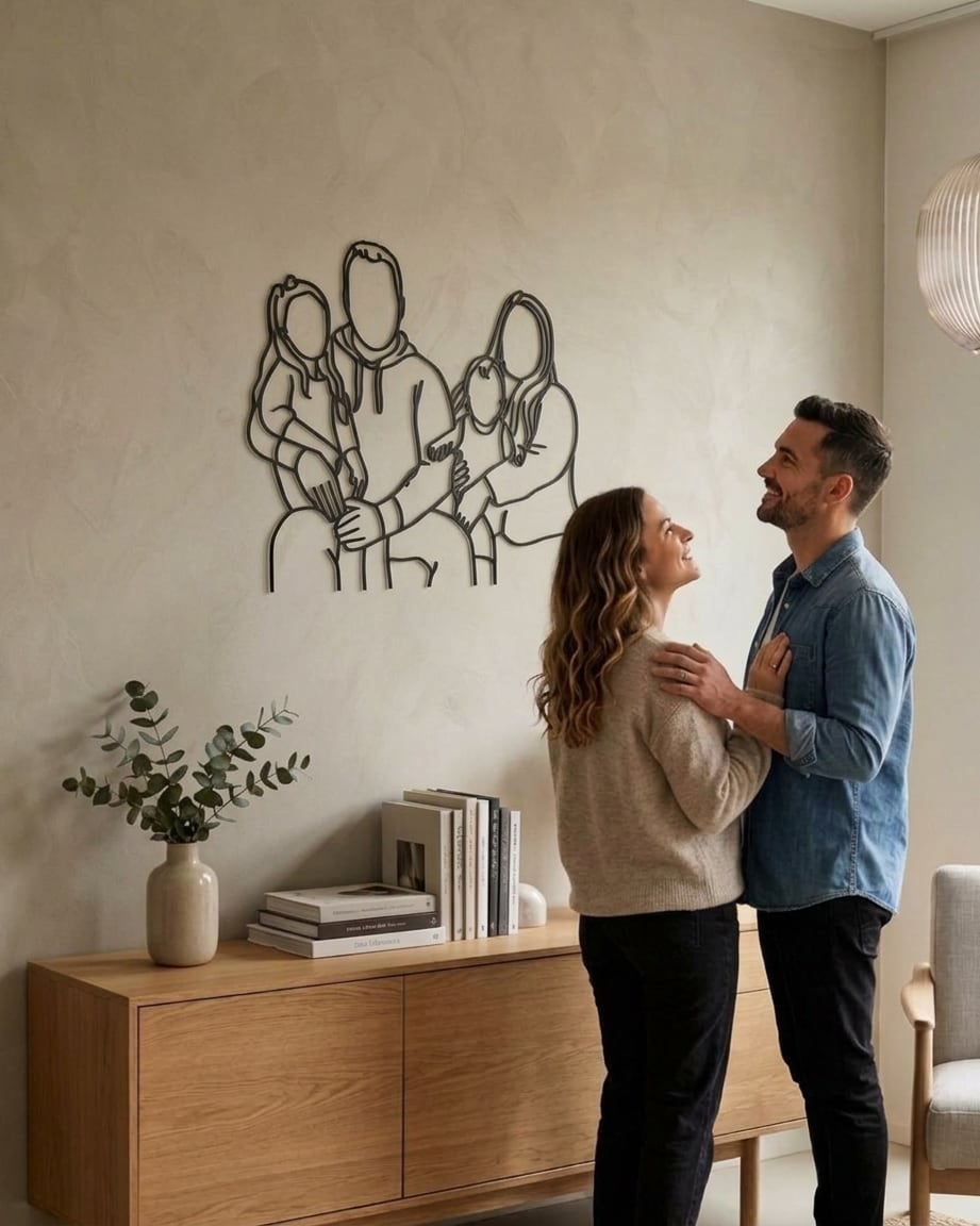 Koppel naast het houten lijnportret van hun gezin aan de muur