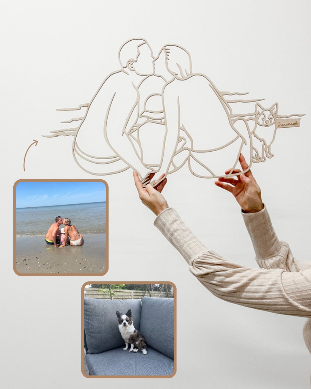 Houten lijnportret van een koppel met hun hond, samengevoegd uit twee foto's